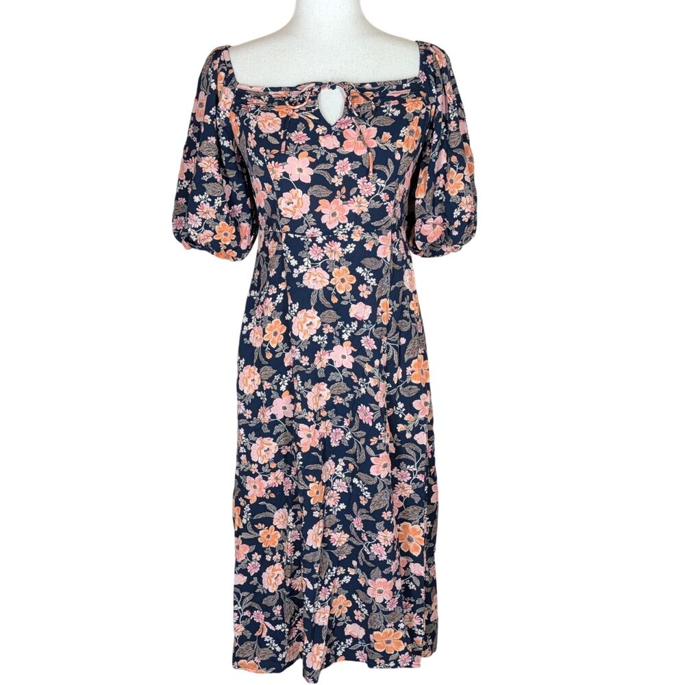 Old Navy Puff-Sleeve Floral-Print Pintucked Smocked Midi Swing Dress Size Small - Picture 3 of 13